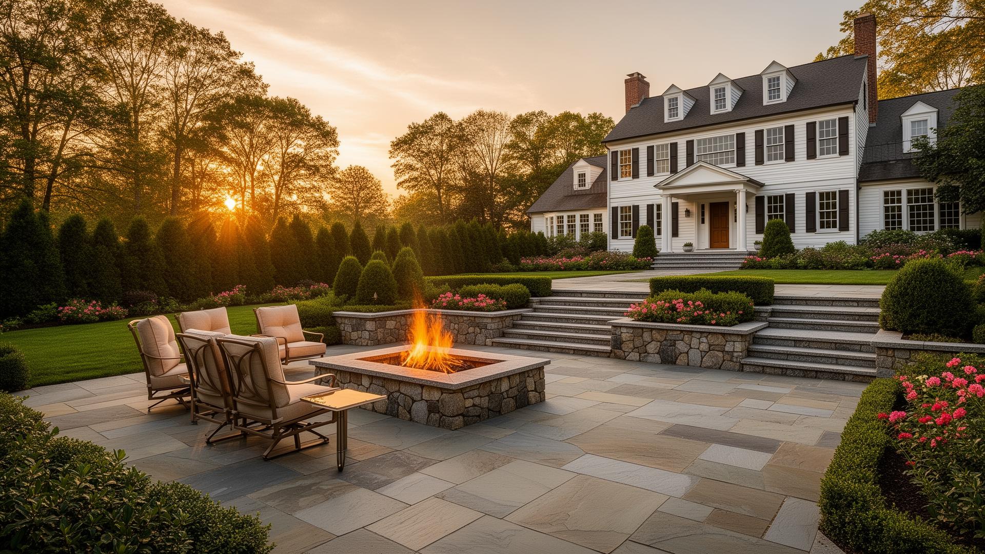 Luxury New Hampshire backyard with bluestone patio, stone fire pit and granite steps